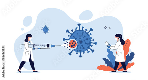 Two female scientists or doctors in lab coats fighting the coronavirus by injecting a large virus cell with a vaccine.