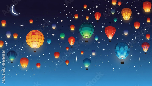 A vibrant illustration of colorful lanterns floating in a starry night sky with a crescent moon