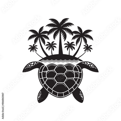 Turtle Silhouette Carrying Island with Palm Trees, Fantasy Vector black color on White Background (2).eps