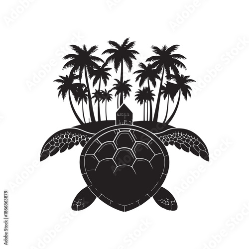 Turtle Silhouette Carrying Island with Palm Trees, Fantasy Vector black color on White Background (3).eps