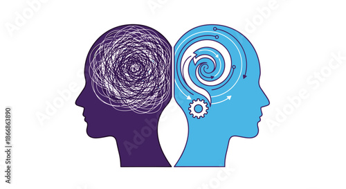 Two human head silhouettes representing mental health, with one showing chaos and confusion and the other clarity and order.