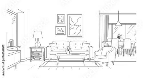 Hand-drawn black and white sketch of a cozy and modern living room interior, including a sofa, armchair, coffee table, and decor.