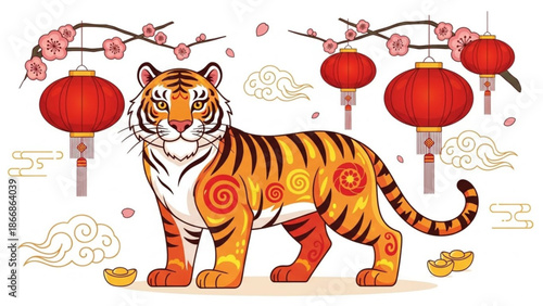 A vibrant illustration of a tiger surrounded by Chinese New Year decorations and cherry blossoms
