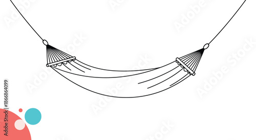 Minimalist black and white line art illustration of a hanging hammock for relaxation, summer vacation, and leisure on a white background.