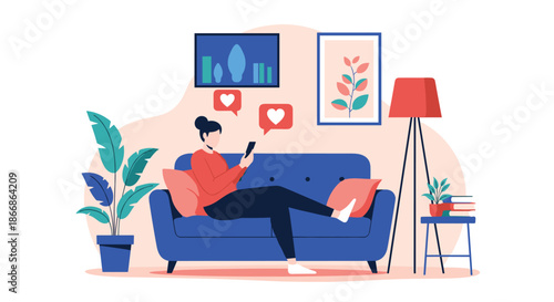 Young woman relaxing on a comfortable sofa in her living room while using a smartphone to browse social media and receive likes.