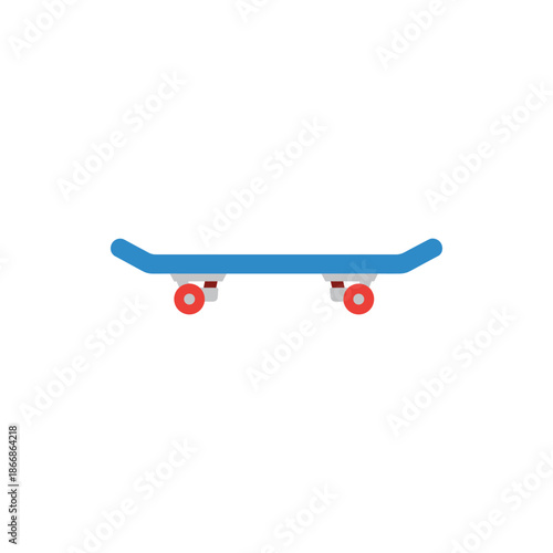 Modern flat design illustration of a blue skateboard with red wheels, symbolizing urban street culture, active recreation, and youthful energy. Ideal for sports, freedom, and adventure themes
