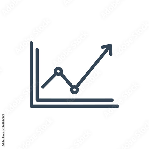 Line graph icon with upward arrow, signifying business growth, financial progress, and positive market performance. Represents success in data visualization and analytics