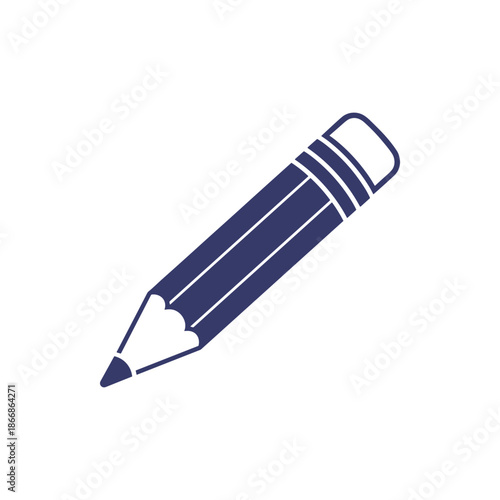 A simple, stylized illustration of a dark blue pencil with a white eraser, perfect for representing creativity, education, or writing tasks