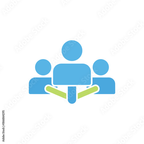 Simple illustration of three people connected with green lines, symbolizing teamwork and connection