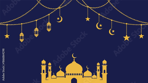 Ramadan vector illustration with mosque, lanterns, crescent moon and stars on dark background