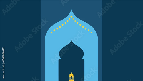 Ramadan mosque arch vector illustration with blue Islamic geometric background