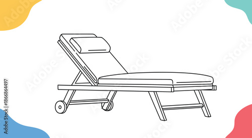 Black and white outline illustration of a comfortable sun lounger or deck chair for relaxing by the pool, beach, or on a patio.