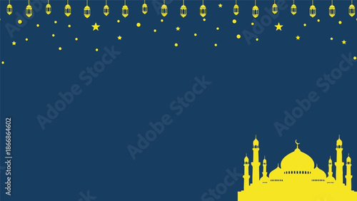 Ramadan vector background with mosque silhouette, lanterns, and stars on blue