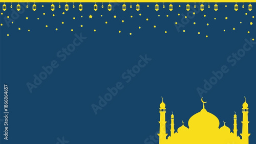 Ramadan vector background with mosque silhouette and hanging lanterns in blue and yellow