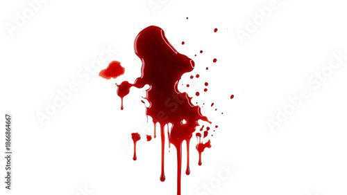 Red blood splatter with drips and spots on white background, representing injury, trauma, or medical emergency, ideal for graphic design and clinical contexts.