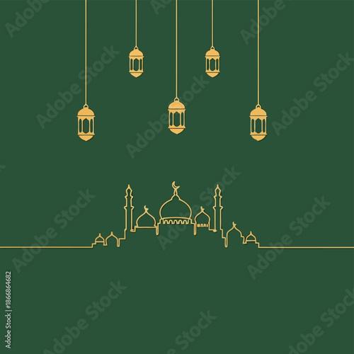 Ramadan vector illustration with mosque outline and hanging lanterns on green background