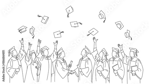 Line drawing of diverse graduates throwing caps in the air, celebrating Happy Graduation with joyful expressions and academic regalia.