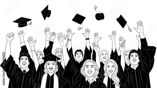 A group of graduates in black robes and caps throw their hats in the air with joyful expressions on a white background, celebrating a happy graduation.