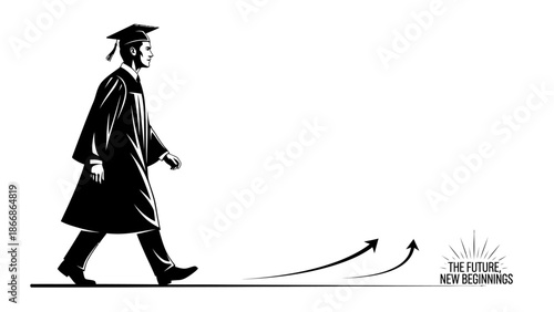 A young graduate in a cap and gown walks towards a bright future with new beginnings, represented by diverging arrows on a clean white background.