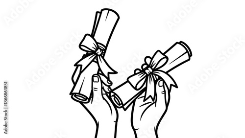 A minimalist line drawing of two hands holding rolled up diplomas with ribbons in a celebratory gesture, symbolizing a Happy Graduation against a clean white background.