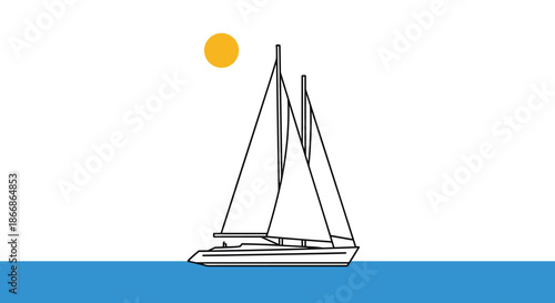 Minimalist line art drawing of a sailboat on the blue sea with a yellow sun, creating a simple and peaceful nautical scene.
