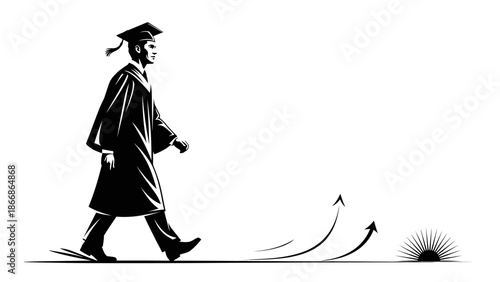A graduate in a cap and gown walks confidently towards a bright future with arrows pointing upwards, symbolizing Happy Graduation on a white background with a sense of optimism.