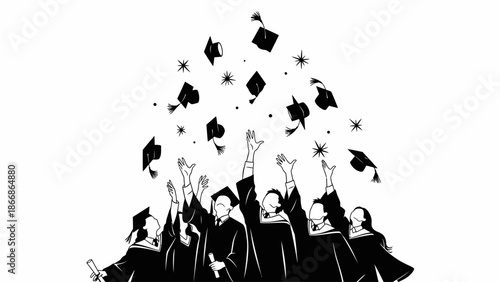 A group of graduates in black robes and caps throwing their hats in the air in celebration of a happy graduation against a white background with a joyful and celebratory mood.