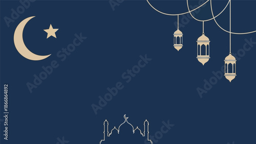 Ramadan vector background with crescent moon, mosque outline, and hanging lanterns