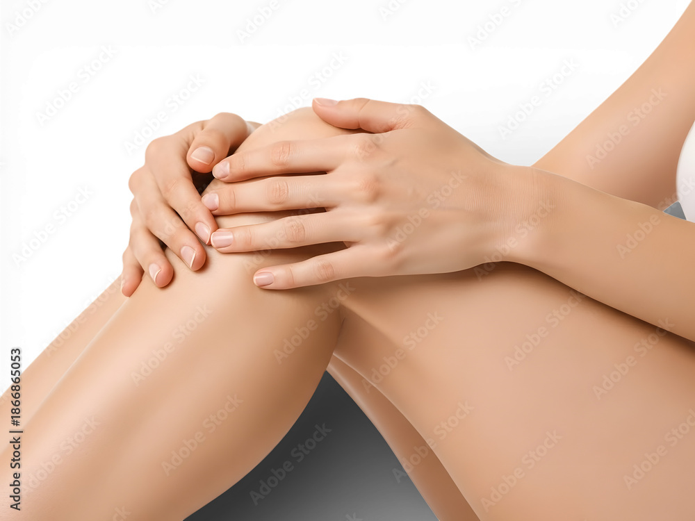 Fototapeta premium Female hands gently massaging a smooth, tanned leg isolated on white and transparent background, conveying skincare, wellness and self-care, ideal for spa, beauty, cosmetic, health and lifestyle desig