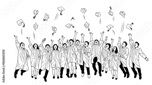 A group of diverse people in graduation attire throwing caps in the air, celebrating a Happy Graduation with joyful expressions, set against a clean white background with a lively and