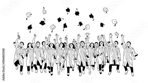 A joyful group of graduates throwing their caps in the air, celebrating a happy graduation with a minimalist black and white line drawing style against a clean white background.