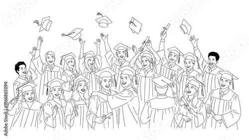 A group of diverse graduates in caps and gowns joyfully throwing hats and diplomas in the air, conveying a happy graduation mood against a clean white background with a celebratory feel.