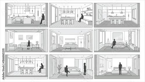 Interior Architectural Line Drawings with People.eps