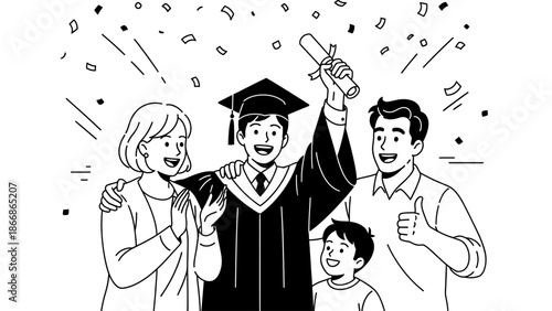 A family of four celebrates a Happy Graduation with confetti and joyful expressions in a black and white line drawing with a lively and celebratory mood.