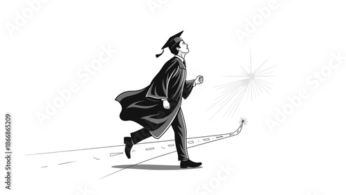 Illustration of a young man in a graduation cap and gown running happily with a diploma in hand on a white background with a celebratory mood.