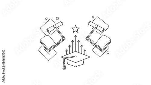 Line drawing of books and graduation cap with rising arrows and star, symbolizing Happy Graduation in a simple, illustrative style with a clean white background.