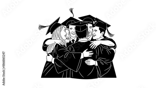Black and white illustration of four friends in graduation gowns and caps hugging each other in a group with a joyful and celebratory mood.