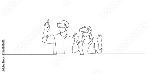 Continuous one line drawing of male and female gamers enjoying virtual reality. Minimal outline illustration for entertainment, technology, and digital lifestyle concepts.