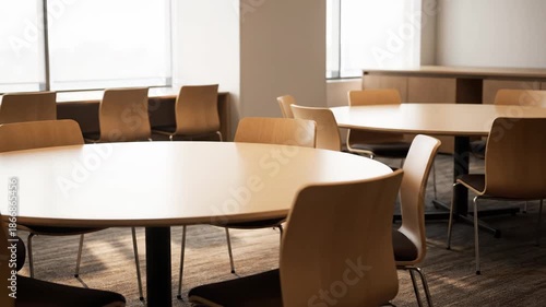 Empty Modern Conference Room with Round Tables and Chairs