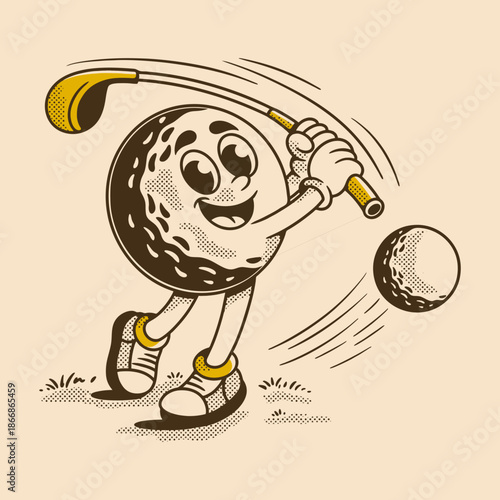 A cartoon golf ball character swinging golf club, hitting another golf ball.
