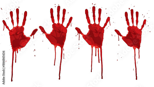 Four red bloody handprints with dripping blood stains, isolated on white background. Represents violence, crime, horror, and trauma symbolically.
