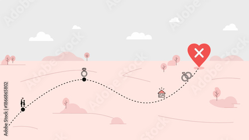 Digital illustration of a journey path with a destination marked X.