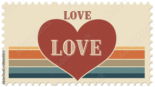Retro style heart with love text on colorful stripes background.
