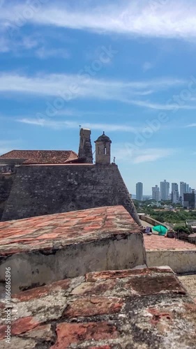 cenic Castle of Saint Philippe, Castillo San Felipe de Barajas, with lookouts overlooking Cartagena historic center, ocean bay and Walled City.