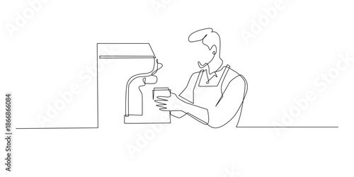 Hand drawn continuous line illustration of a male barista making coffee with an espresso machine. Minimalist single line style representing cafe service, coffee preparation, and barista profession.