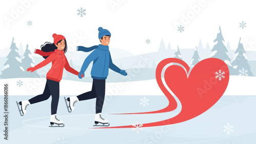 Couple Ice Skating Together Hand in Hand on a Winter Day.