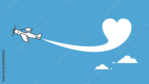 White airplane flying in blue sky with heart shaped contrail.