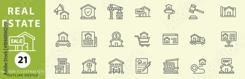 House and real estate icon set in linear style. Collection of 66 outline icons representing property, buildings, home, rent, sale, and construction. Editable stroke. vector illustration.
