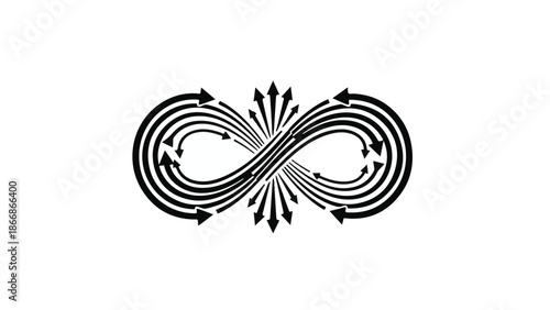 Abstract infinity symbol formed by dynamic arrow streams, representing endless motion and transformation.