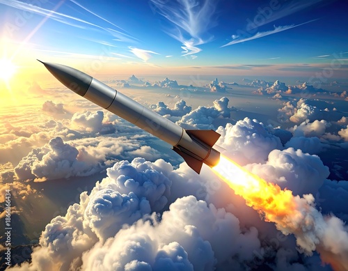 Missile launching into a bright sky above fluffy white clouds